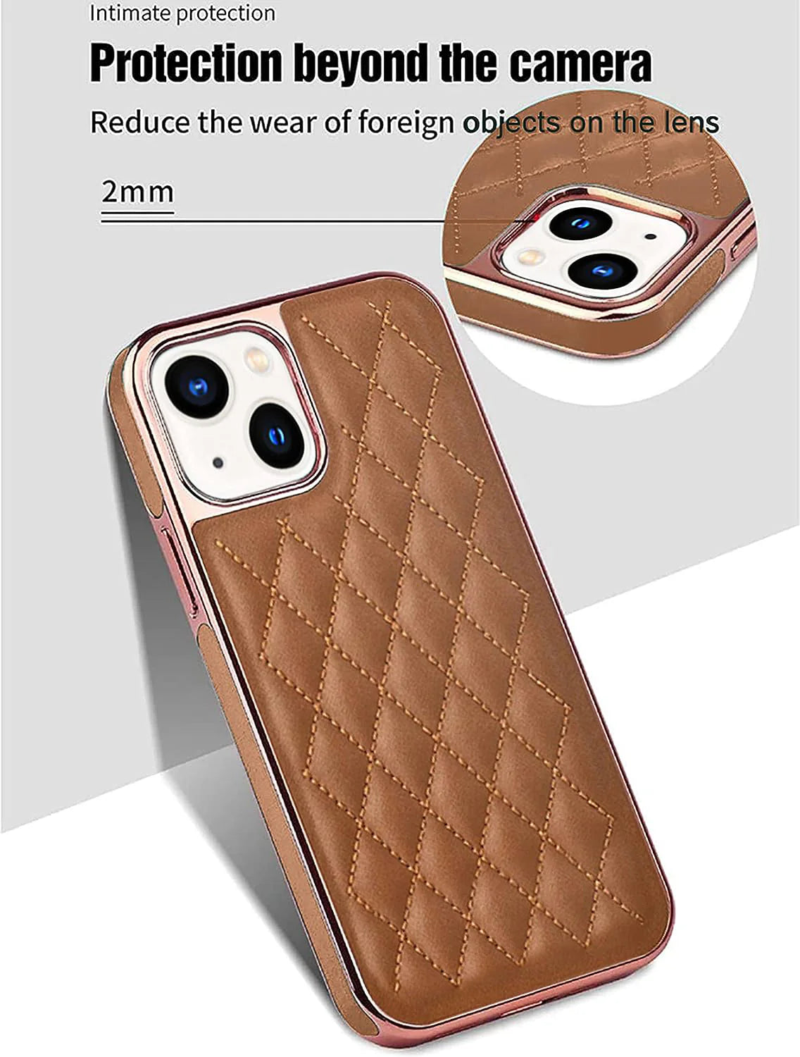 Premium Electroplated PU Leather Back Cover case For iPhone 14 - Brown