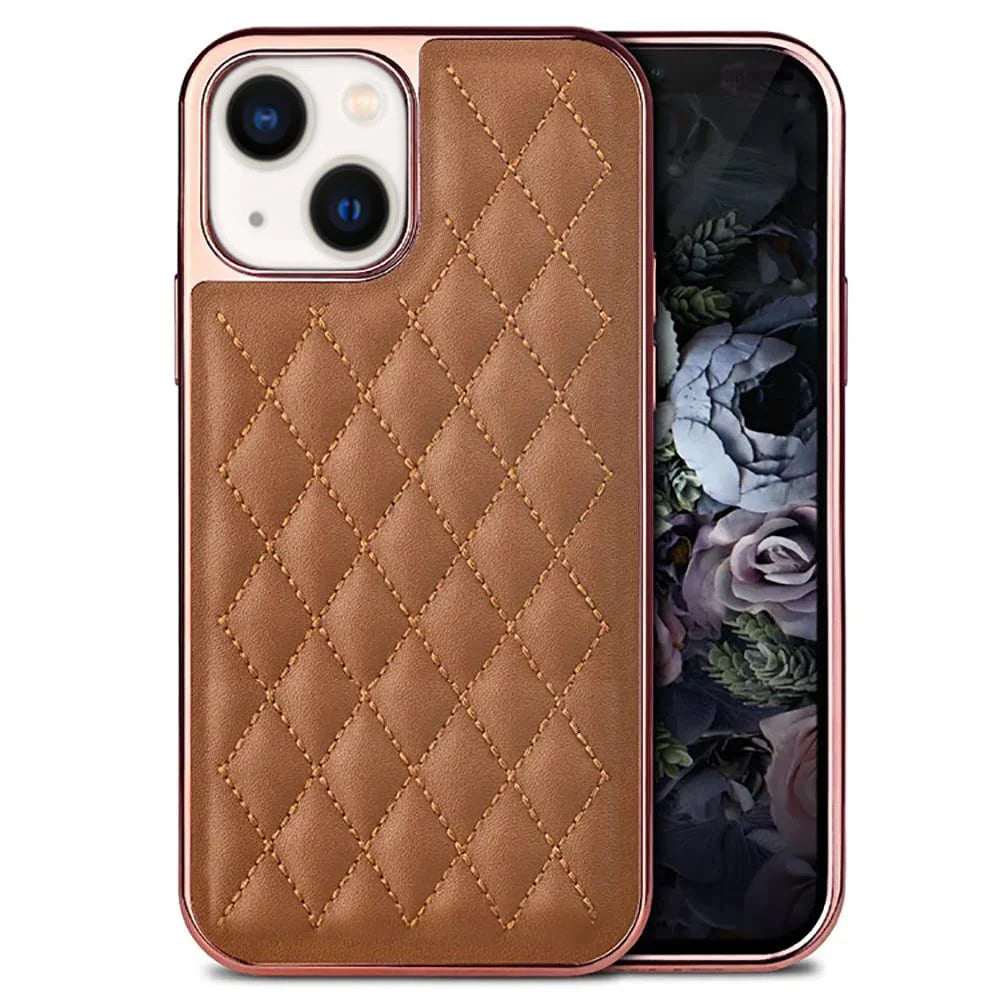 Premium Electroplated PU Leather Back Cover case For iPhone 14 - Brown