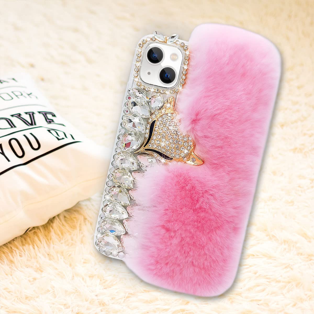 Compatible with iPhone 13 Plus Plush Furry Case with Luxury Bling Diamond Rhinestones