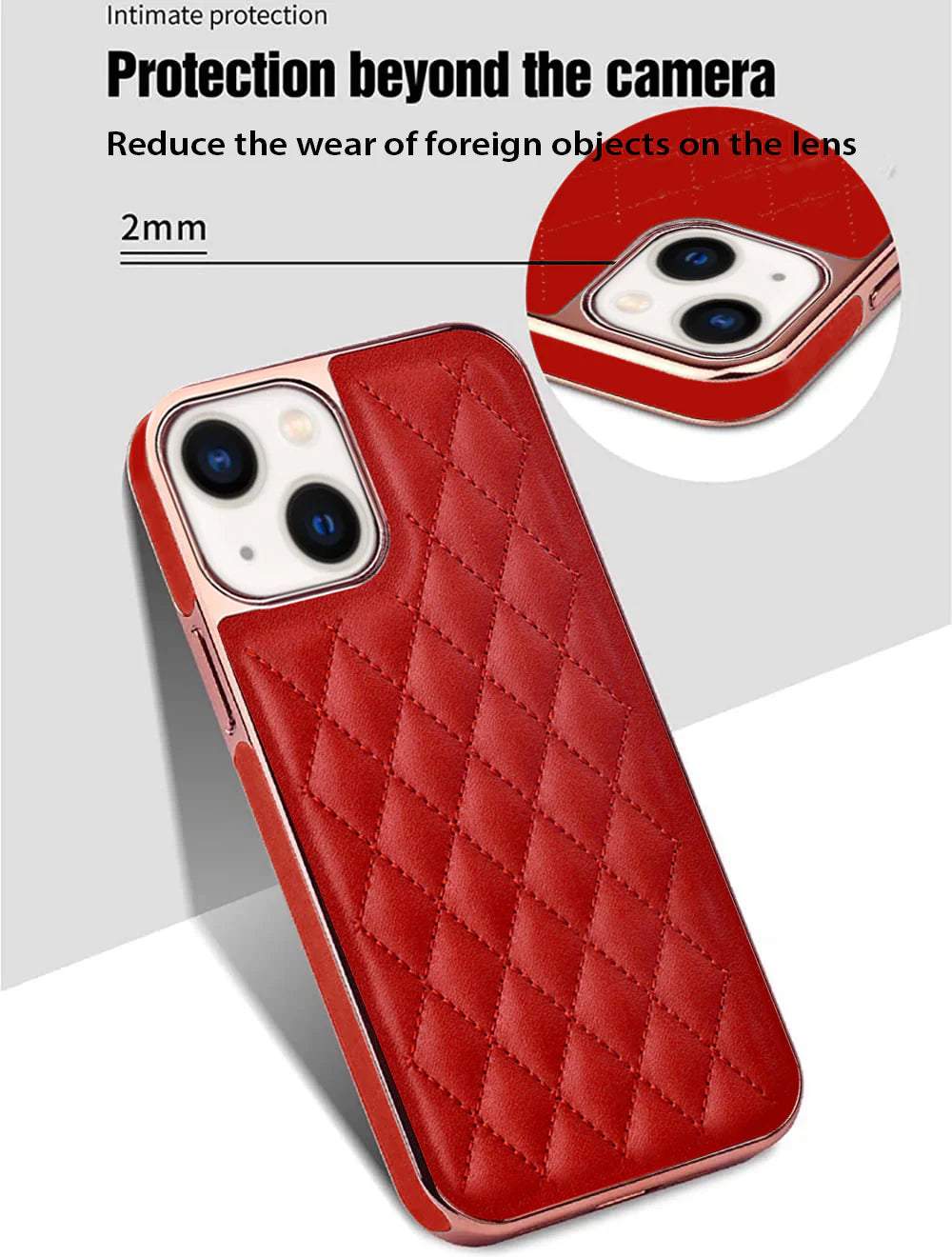 Premium Electroplated PU Leather Back Cover case For iPhone 14- Red