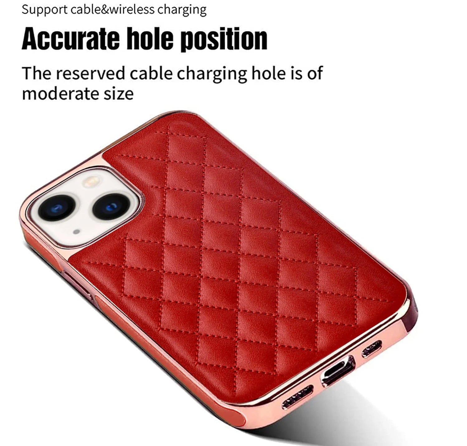 Premium Electroplated PU Leather Back Cover case For iPhone 14- Red