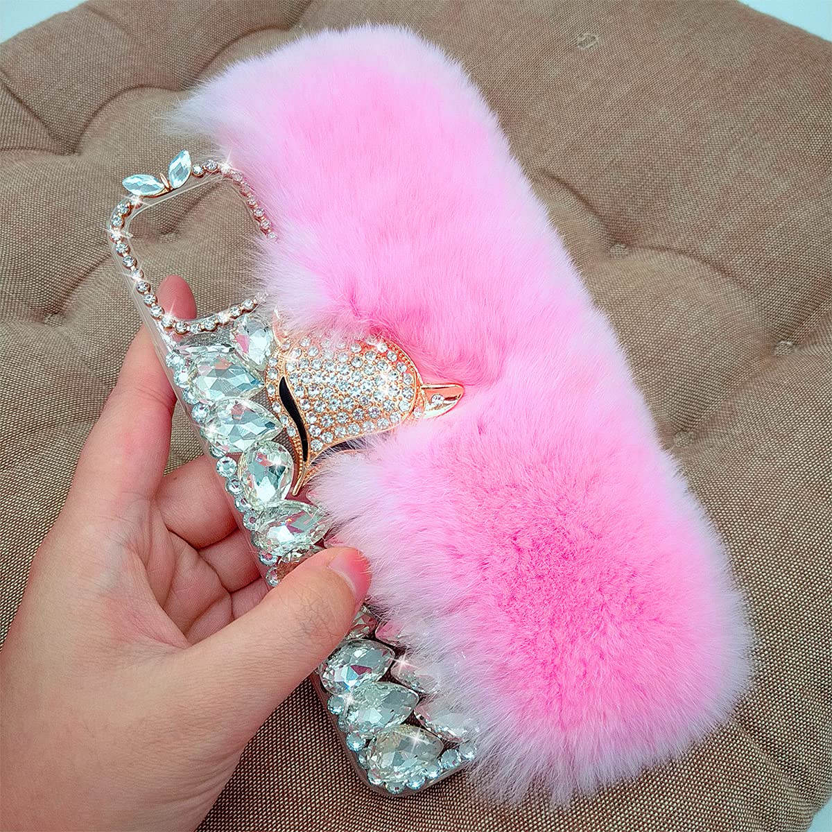 Compatible with iPhone 13 Plus Plush Furry Case with Luxury Bling Diamond Rhinestones