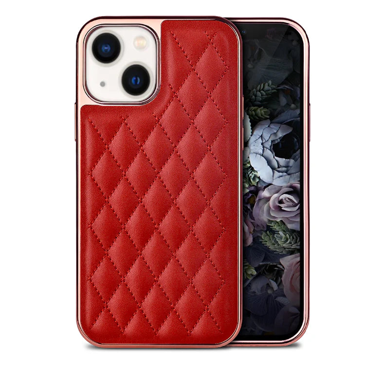 Premium Electroplated PU Leather Back Cover case For iPhone 14- Red