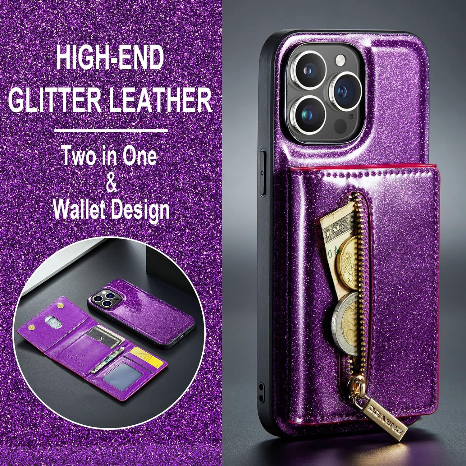 Mobile case Bling Glitter Wallet Leather case Bag Detachable