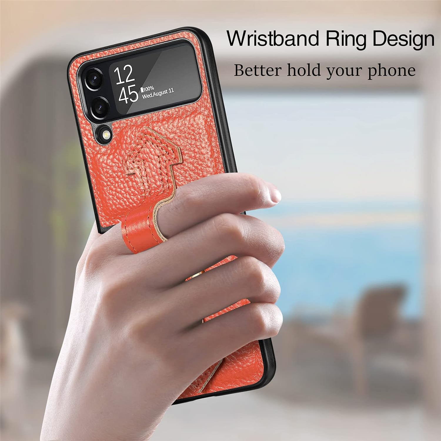 Genuine PU Leather hand strap for samsung Galaxy Z flip 4 - Orange