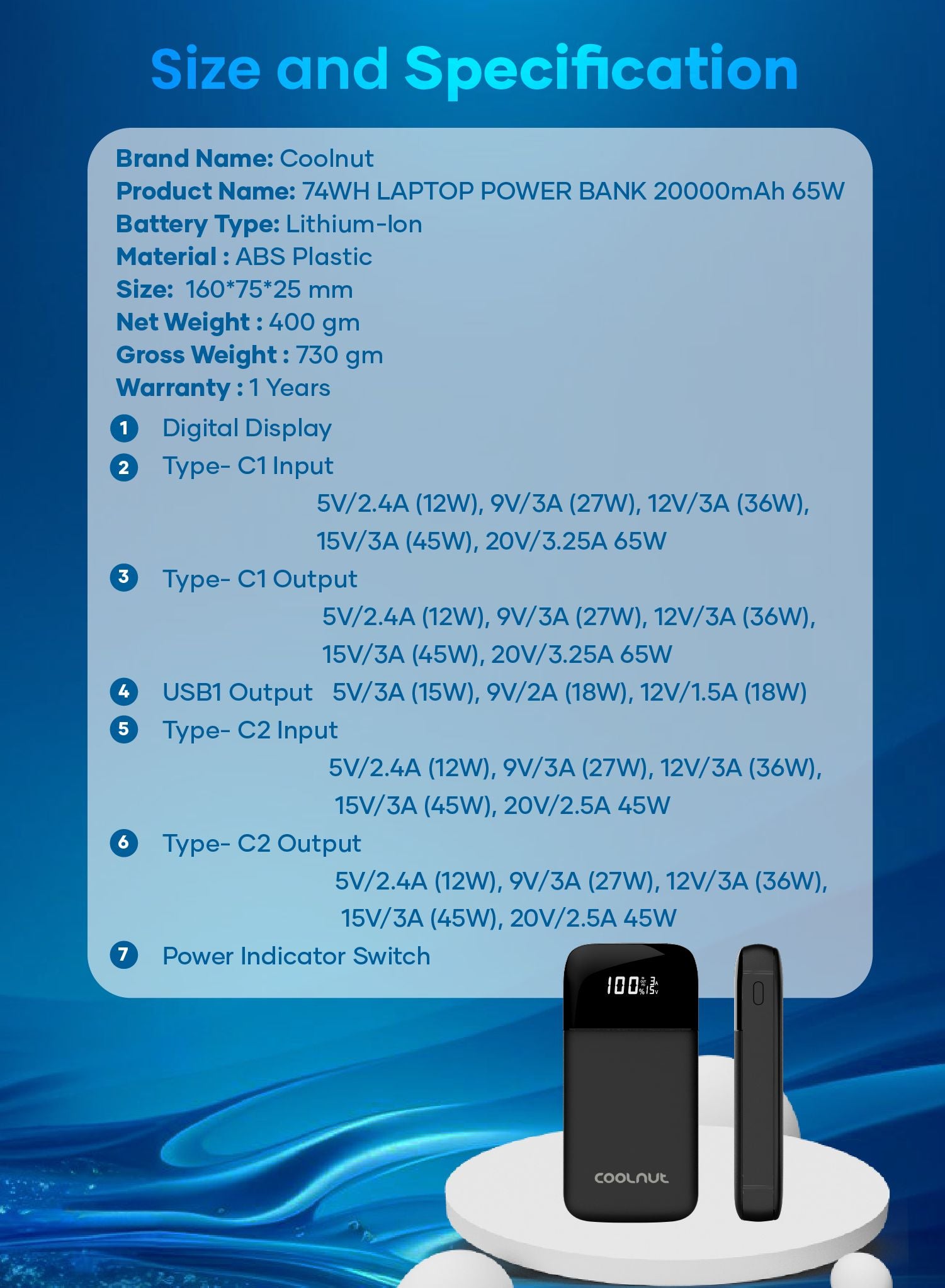 Coolnut 20000mah - 65 watt Laptop Power Bank (CNP-1001)