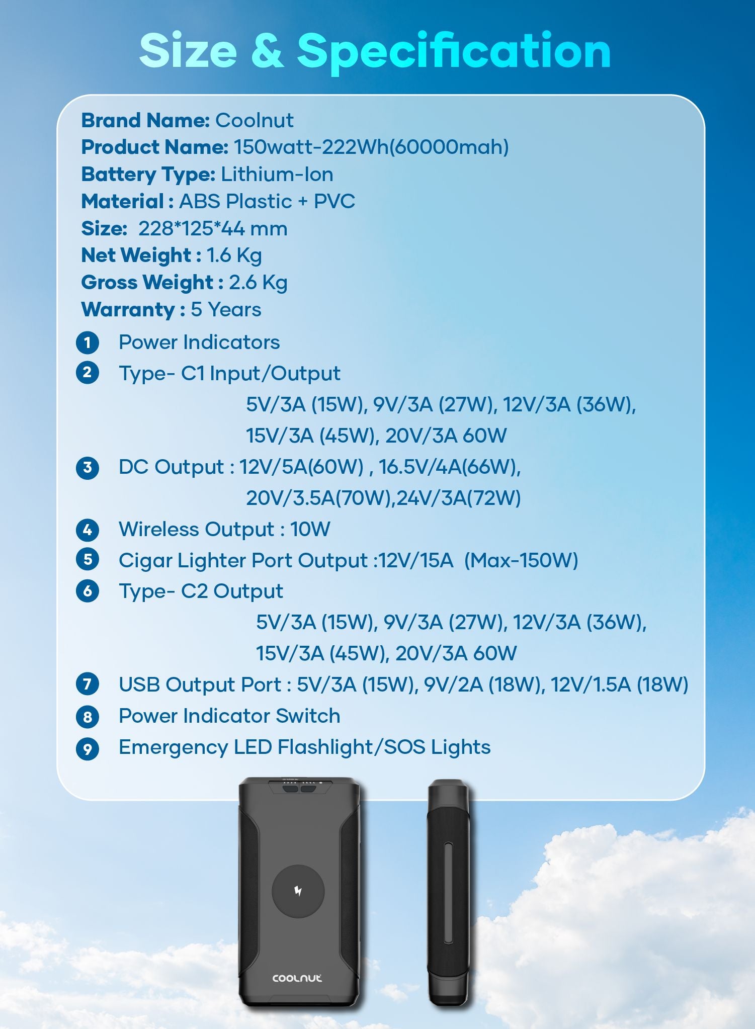 Coolnut 150 watt - 60000mah(222WH) Poratble Power Station