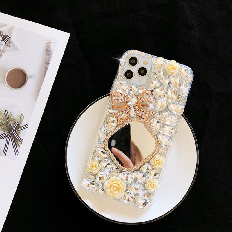 Glittering Diamond Bow Style Makeup Mirror Design IPhone Case for 13 & 14 Series