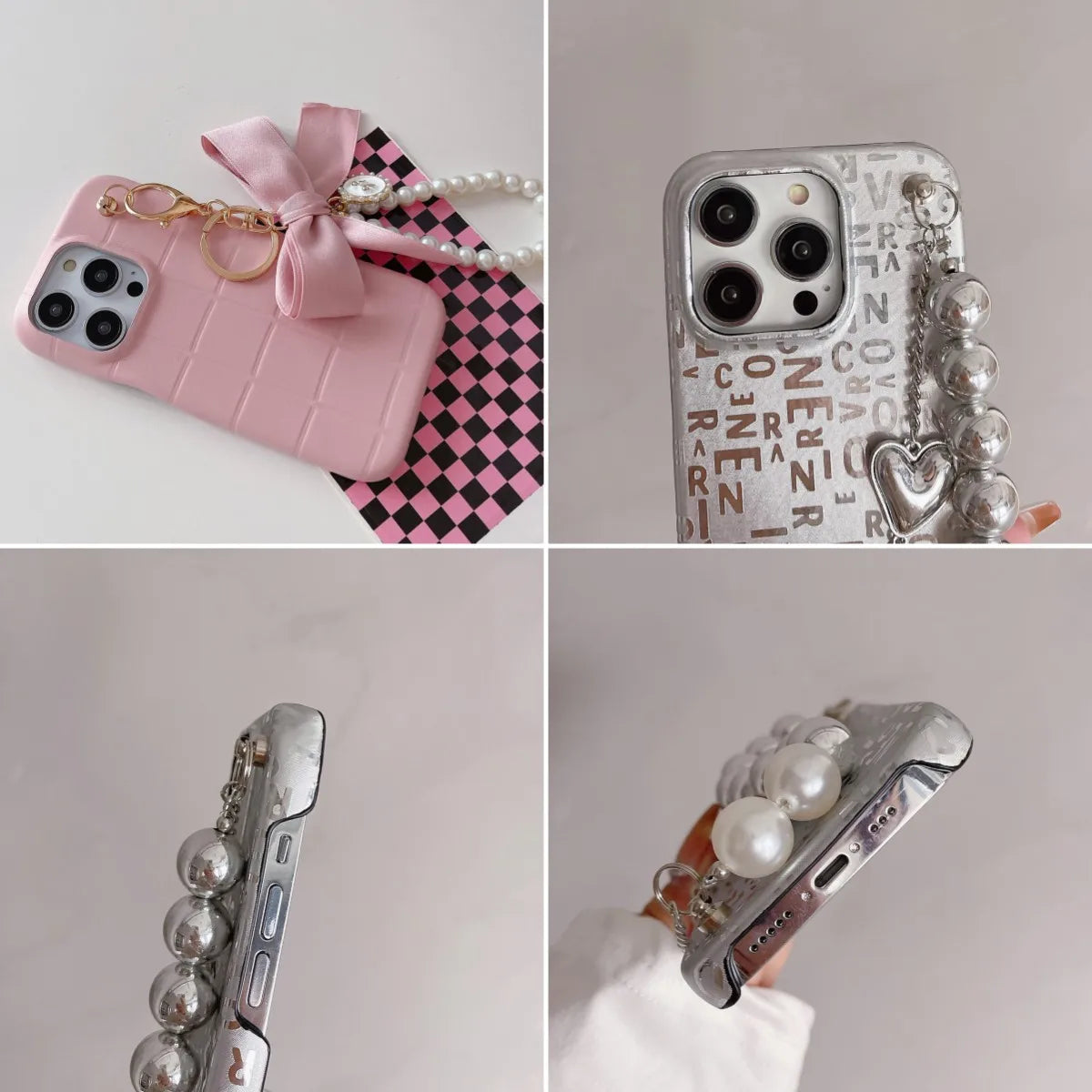 New Desgin Checkered Heart Chain Bow Tie Luxury Case Iphone 15