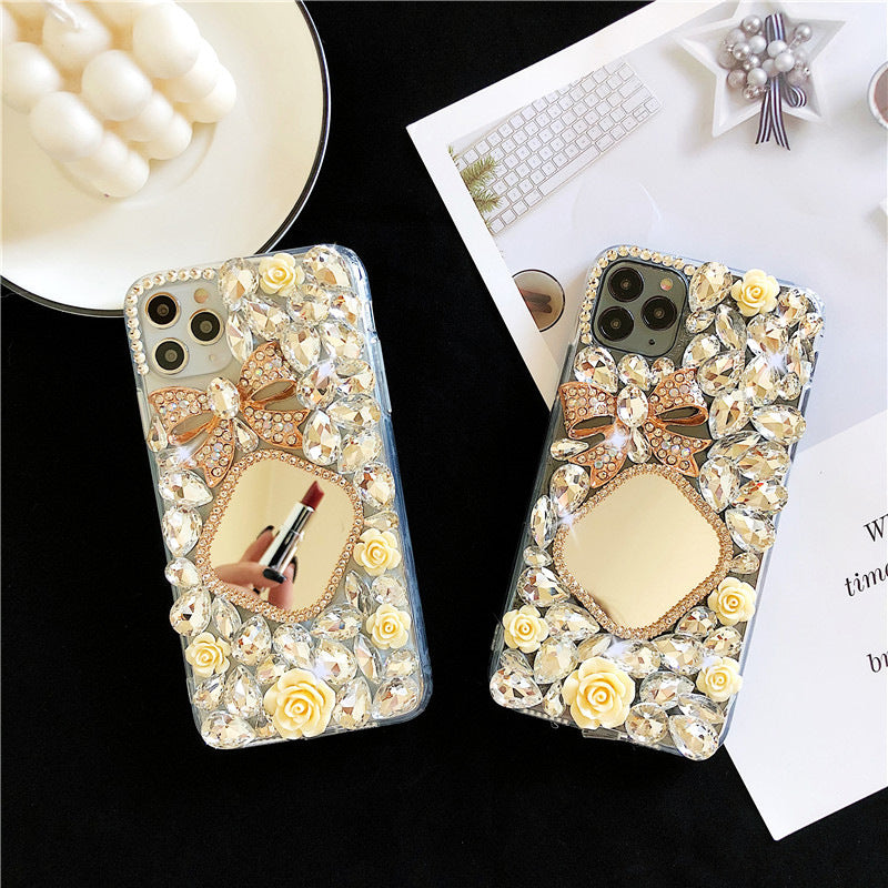 Glittering Diamond Bow Style Makeup Mirror Design IPhone Case for 13 & 14 Series