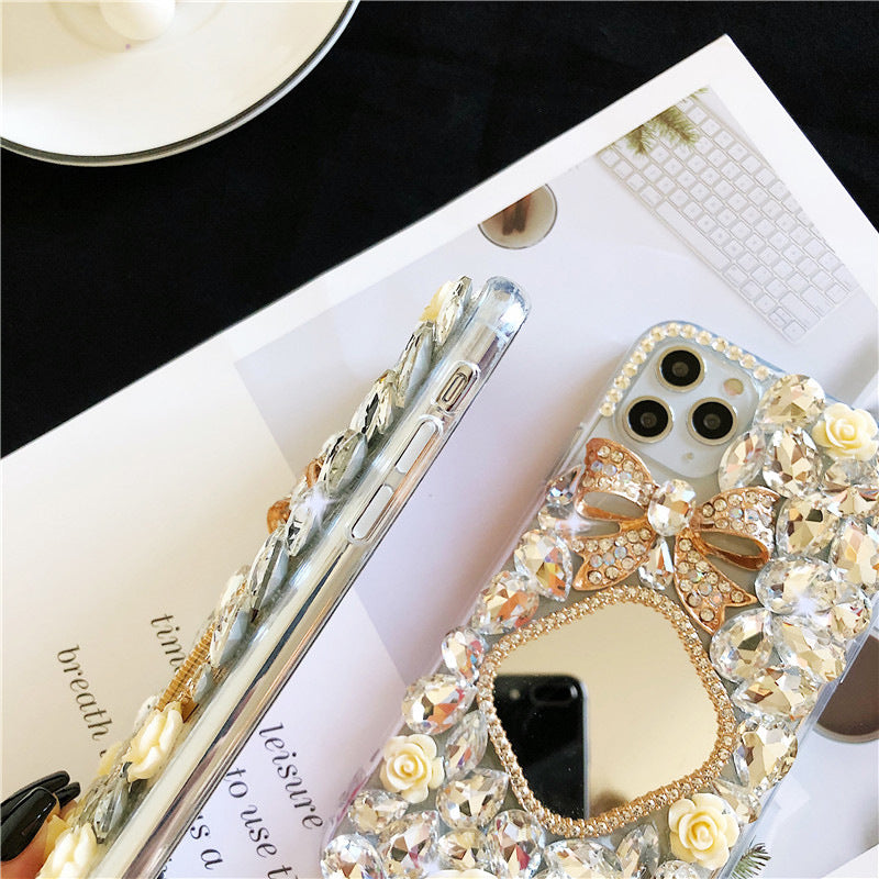 Glittering Diamond Bow Style Makeup Mirror Design IPhone Case for 13 & 14 Series