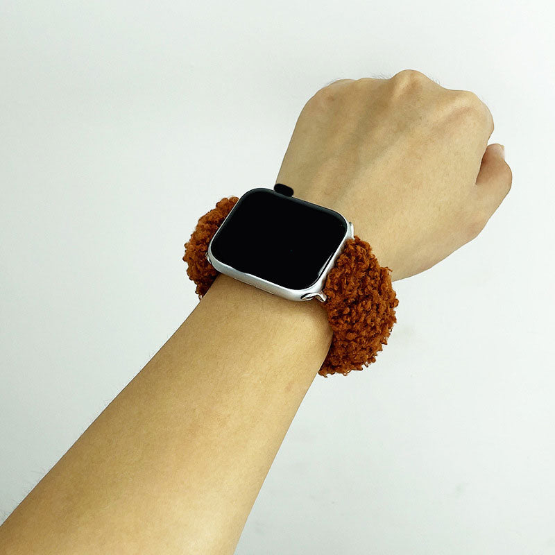 Soft Fabric Wristband Bracelet: Compatible with Apple Watch  Women's Elastic Compression Band with Teddy Plush Elasticity - Brown