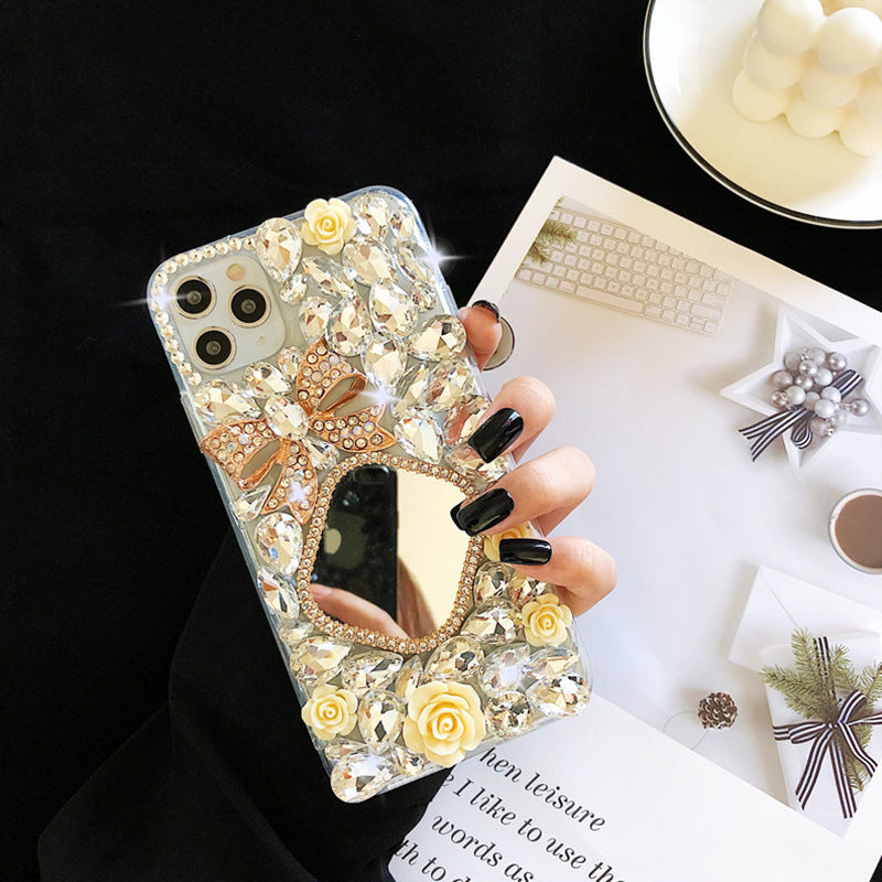 Glittering Diamond Bow Style Makeup Mirror Design IPhone Case for 13 & 14 Series