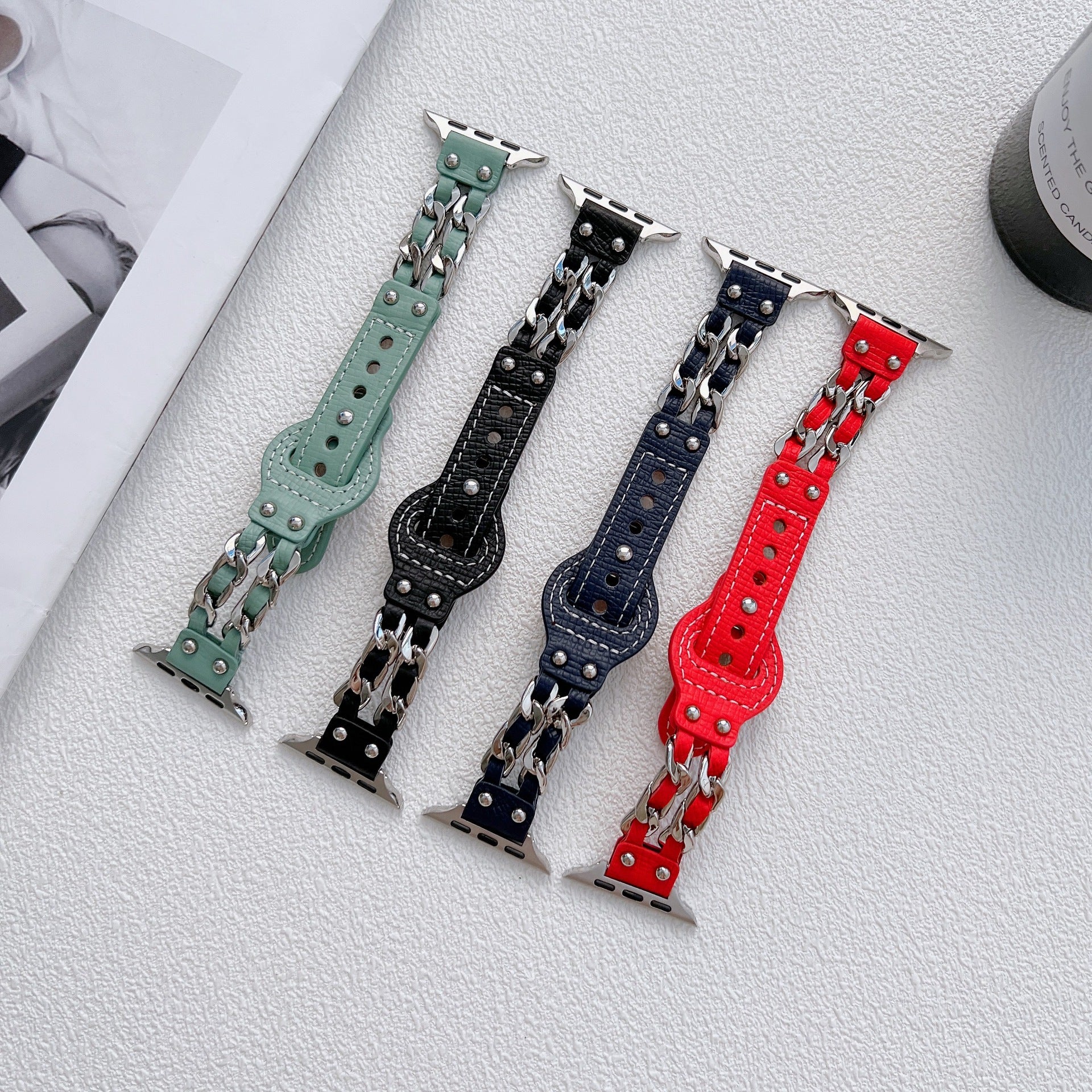 Metal Stainless Steel Denim Chain Bracelet Leather Strap For Apple Watch Band 41mm