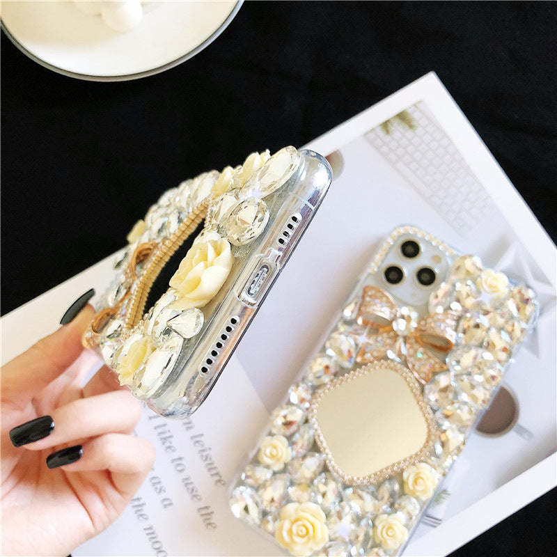 Glittering Diamond Bow Style Makeup Mirror Design IPhone Case for 13 & 14 Series