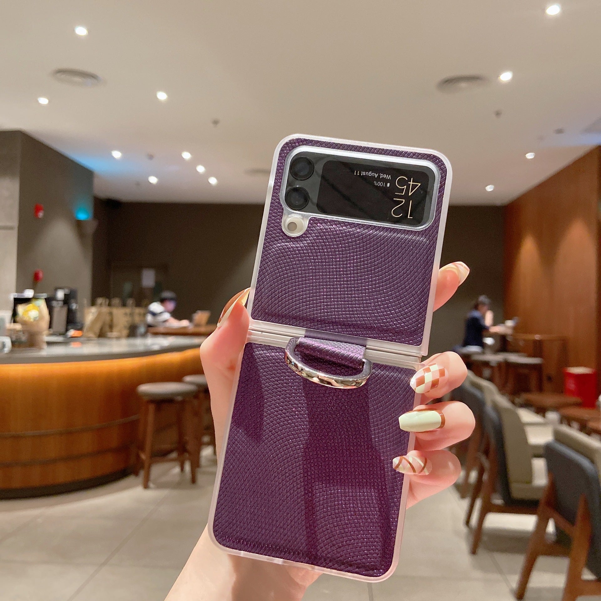 High quality flip phone case pu with finger ring for Galaxy Z flip 4 - Purple