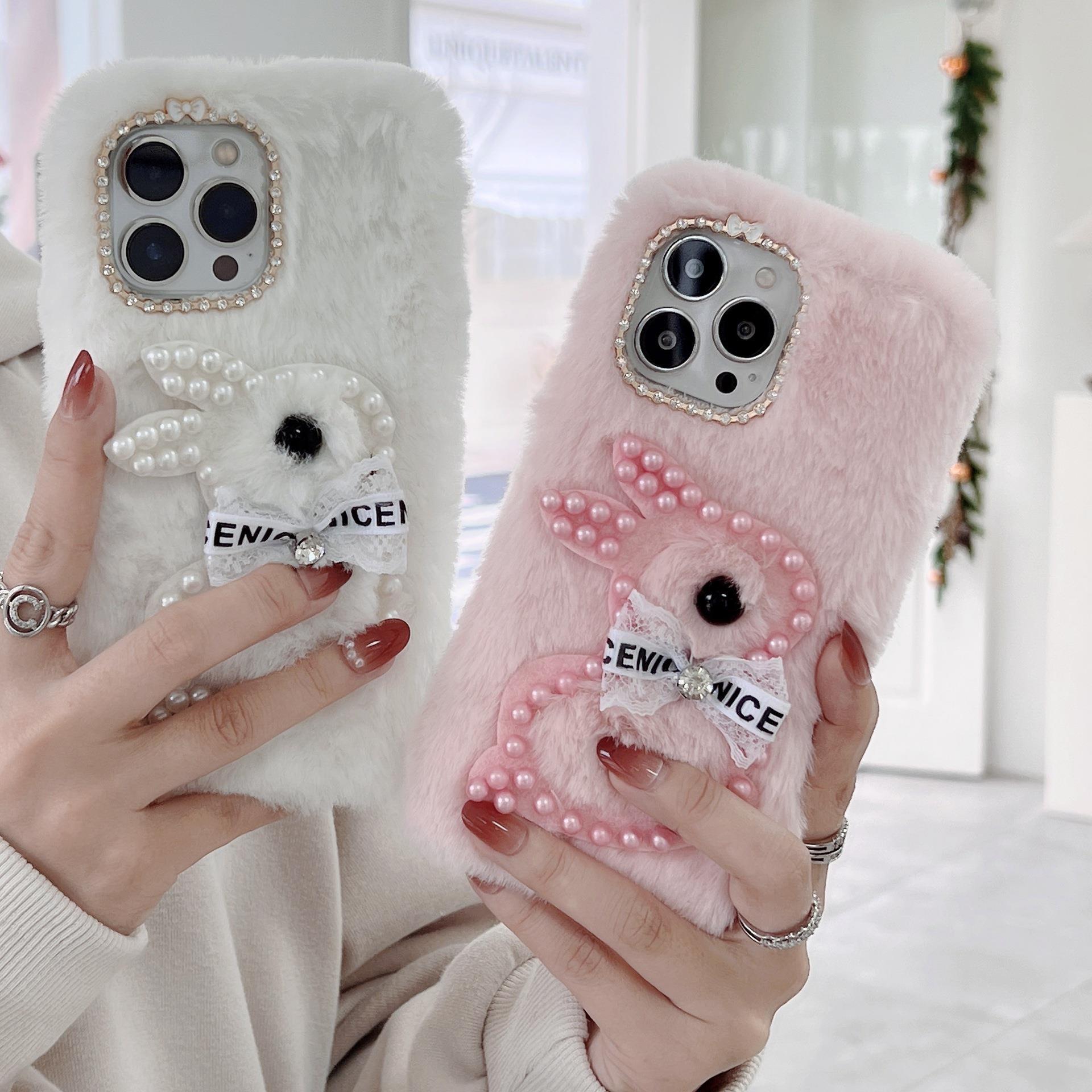 Fluffy Fur Pink Girly Pearl Diamond Cute Design case for iPhone14