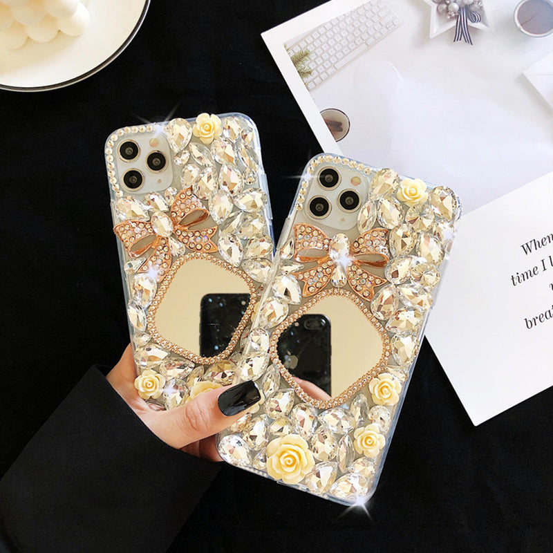 Glittering Diamond Bow Style Makeup Mirror Design IPhone Case for 13 & 14 Series