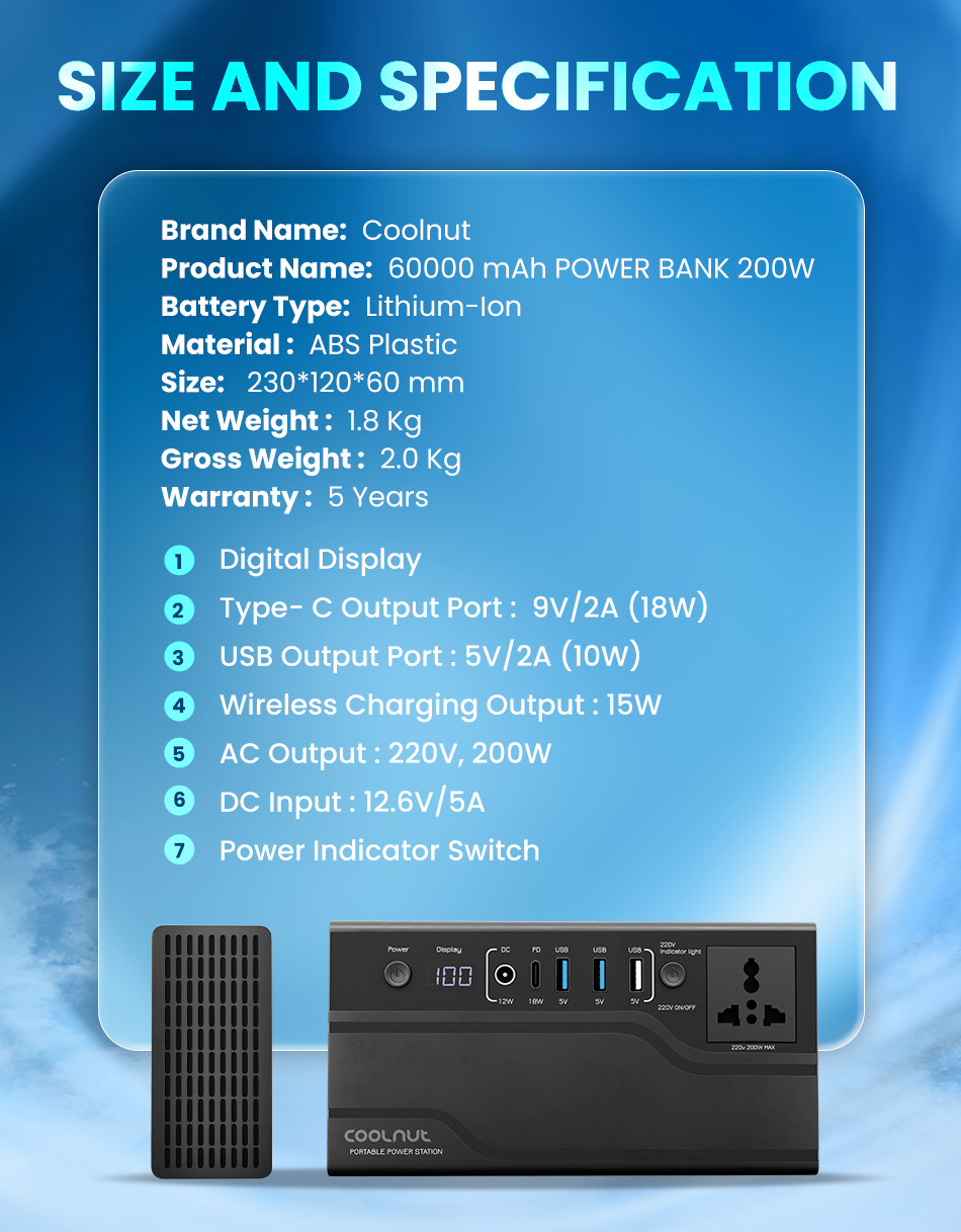 Coolnut 200 watt - 60000mah(222WH) Poratble Power Station